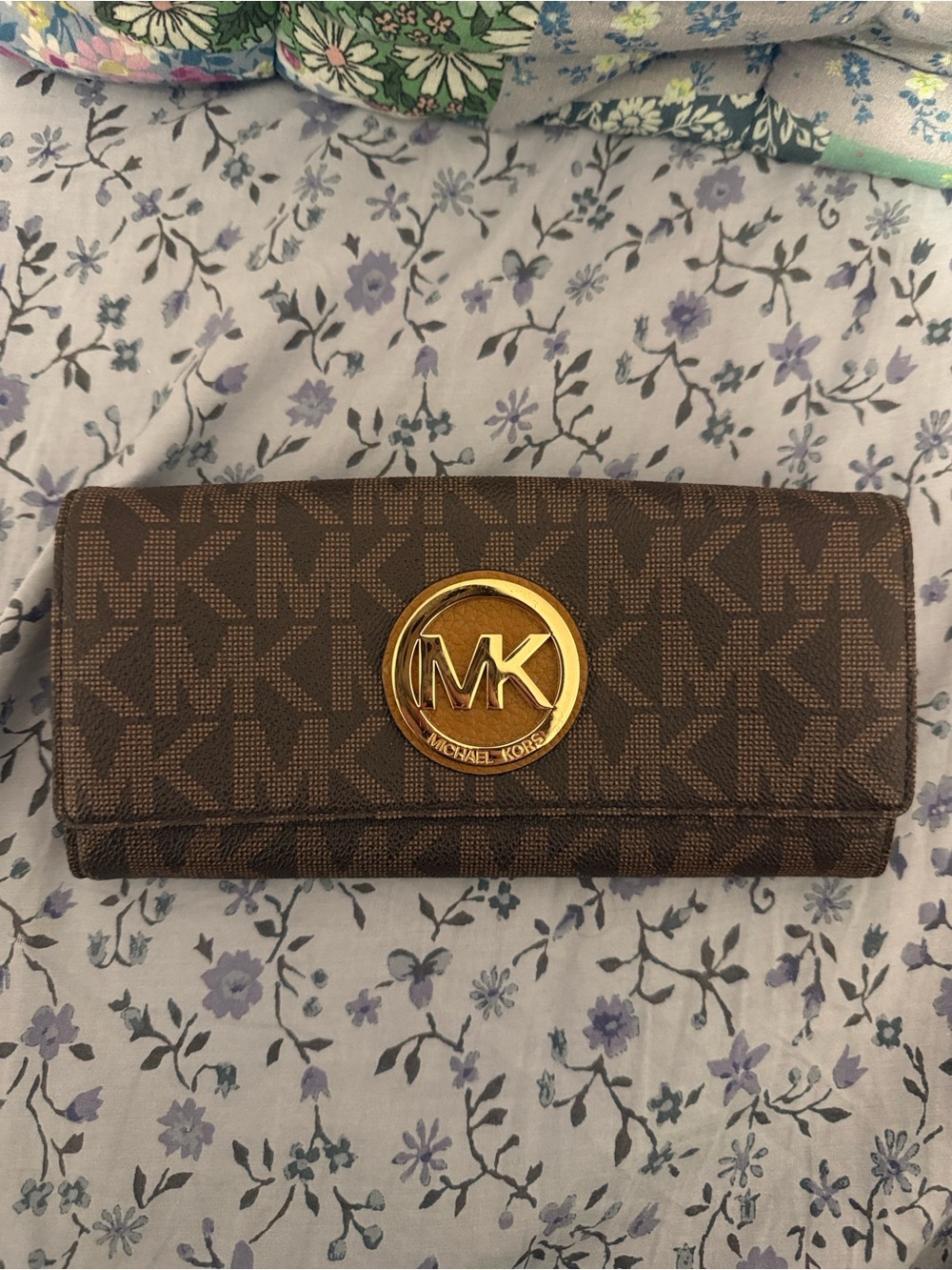 Michael Kors Brown Signature MK Fulton Continental Wallet with Gold Emblem